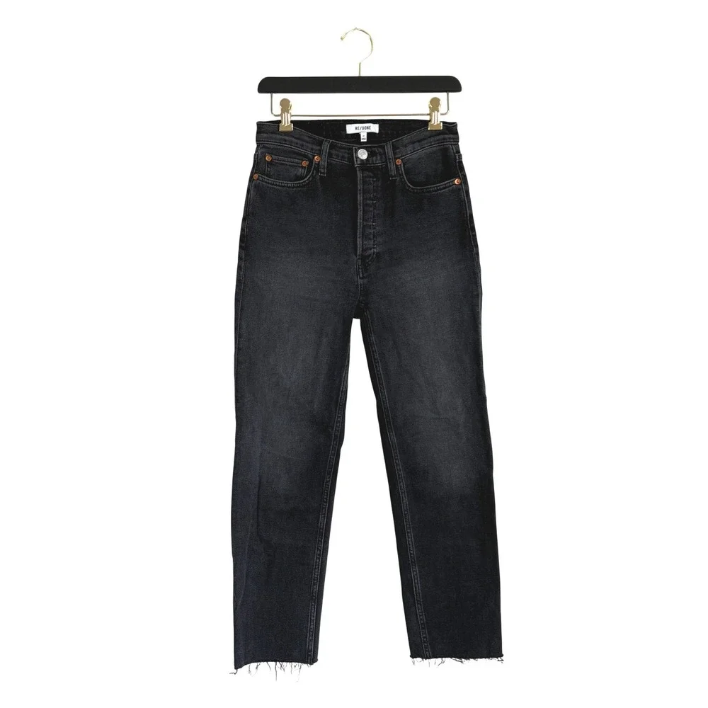 RE/DONE Comfort Stretch High Rise Stove Pipe‎ Jeans Faded Black Raw Hem Size 27